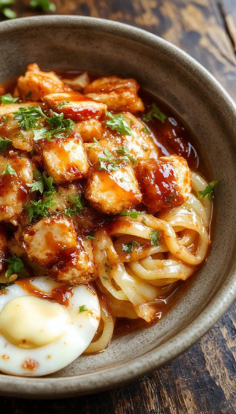 A bowl of steaming chicken teriyaki noodles garnished with green onions and sesame seeds on a wooden table.