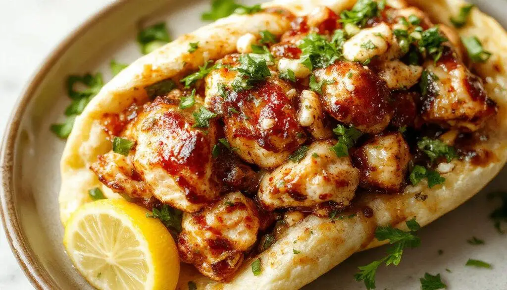A vibrant plate of Greek chicken gyros with golden-brown grilled chicken slices wrapped in warm pita bread, topped with fresh green lettuce, tomato slices, and a creamy tzatziki sauce. The dish is garnished with sprigs of herbs and lemon wedges, with a backdrop of a rustic wooden table.