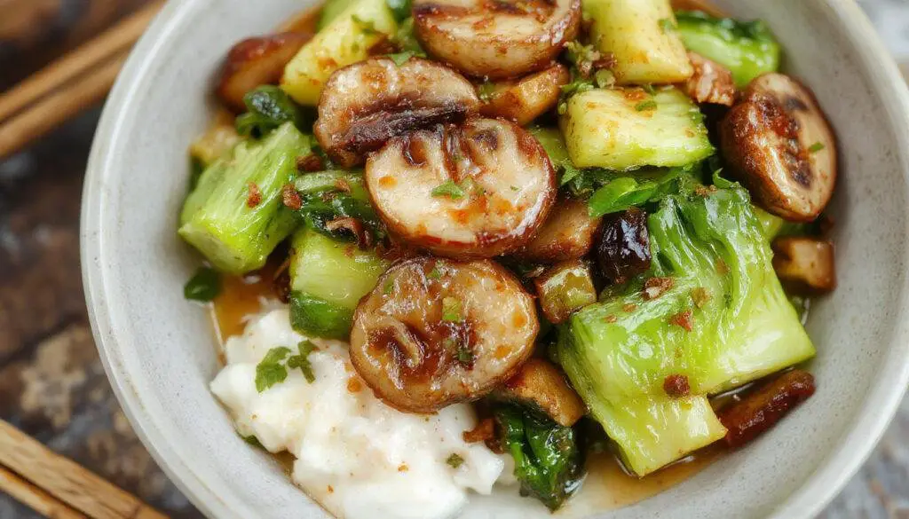 A vibrant stir-fry featuring bright green bok choy leaves and crisp white stalks, tender brown mushroom slices, all glistening with a savory sauce. The vegetables are arranged in a wok or skillet with some steam rising, showcasing their fresh and glossy appearance, with a colorful mix of ingredients highlighting the healthy, vegetarian nature of the dish.