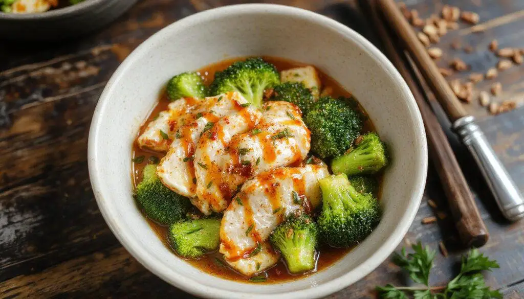 A close-up of a vibrant bowl filled with tender grilled chicken pieces, bright green broccoli florets, and a drizzle of creamy garlic sauce. The bowl is garnished with fresh herbs and positioned on a wooden surface, with a splash of sauce around the edges highlighting the dish's freshness and appeal.