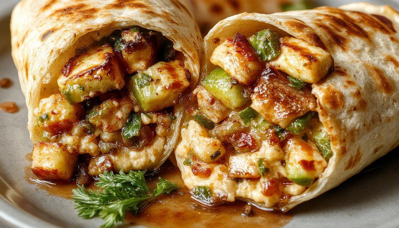 A vibrant plate featuring a freshly assembled wrap sliced in half, revealing colorful grilled vegetables like red bell peppers, zucchini, and eggplant nestled in a soft whole wheat tortilla spread with creamy hummus. The wrap is placed on a rustic wooden surface with garnishes of fresh herbs and a side of mixed greens, emphasizing a healthy and inviting presentation.