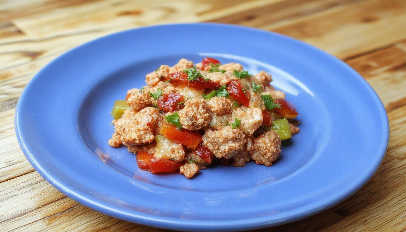 A colorful stir-fry featuring seasoned ground turkey, vibrant red and green bell peppers, sliced onions, and broccoli florets, all glistening with a light sauce, served on a white plate with sesame seeds sprinkled on top, garnished with chopped scallions.