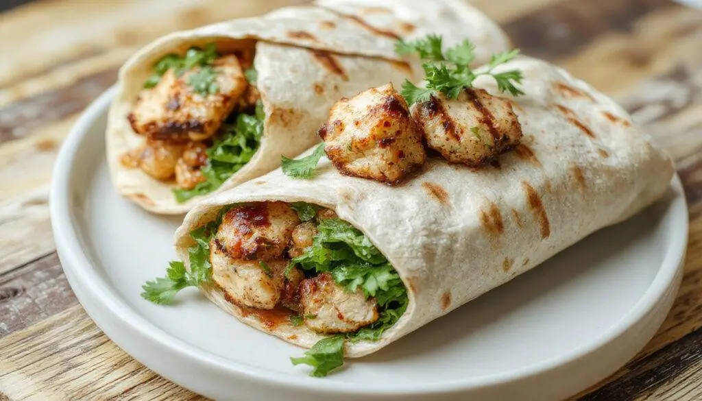 Close-up of a vibrant Mediterranean grilled chicken wrap, filled with sliced grilled chicken, colorful bell peppers, fresh greens, and drizzled with sauce, all wrapped in a soft, lightly toasted flatbread. The wrap is partially unwrapped to showcase the appetizing layers and textures, set against a neutral background with a hint of olive oil and herbs.