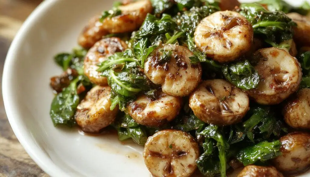 A vibrant plate featuring sautéed mushrooms and fresh spinach leaves, beautifully arranged with sautéed mushrooms golden brown and glossy, nestled next to tender green spinach, all drizzled with a light seasoning, presented on a white ceramic plate with a rustic wooden background.