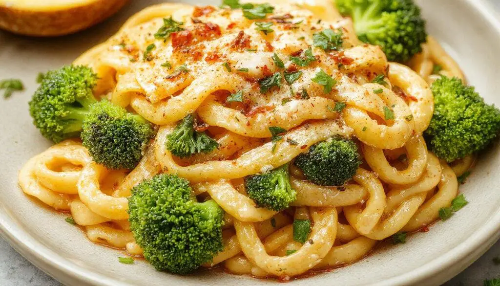 A plate of vibrant green broccoli florets and al dente pasta, lightly coated in a glossy sauce, garnished with grated cheese and fresh herbs, arranged on a clean, white ceramic plate with a fork resting on the side. The background features a rustic wooden table and scattered broccoli pieces, emphasizing freshness and simplicity.