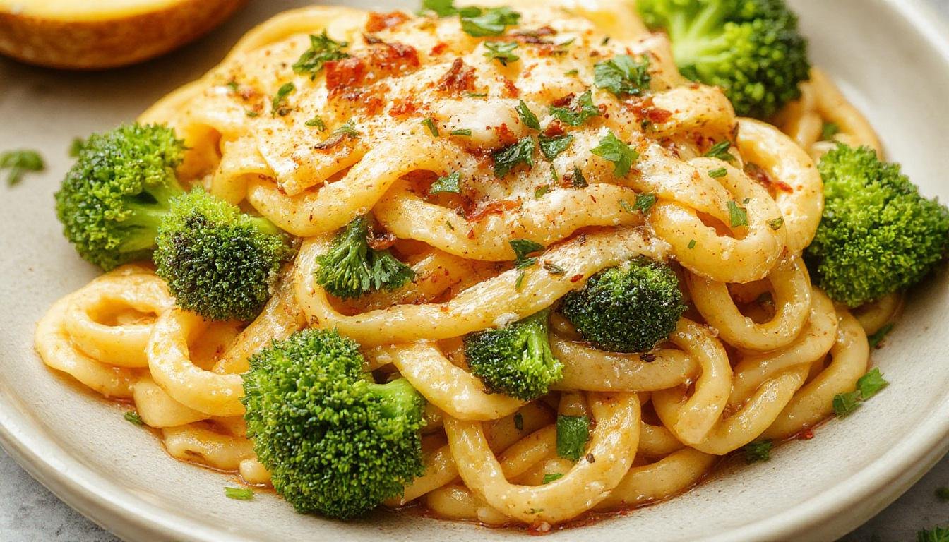 A plate of vibrant green broccoli florets and al dente pasta, lightly coated in a glossy sauce, garnished with grated cheese and fresh herbs, arranged on a clean, white ceramic plate with a fork resting on the side. The background features a rustic wooden table and scattered broccoli pieces, emphasizing freshness and simplicity.