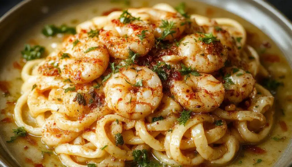 A vibrant plate of garlic butter shrimp pasta featuring plump shrimp coated in glossy garlic butter sauce, garnished with chopped parsley, with the pasta noodles appearing al dente in a rich sauce. The dish is served on a rustic white plate with a sprinkle of freshly grated Parmesan cheese and lemon wedges on the side.