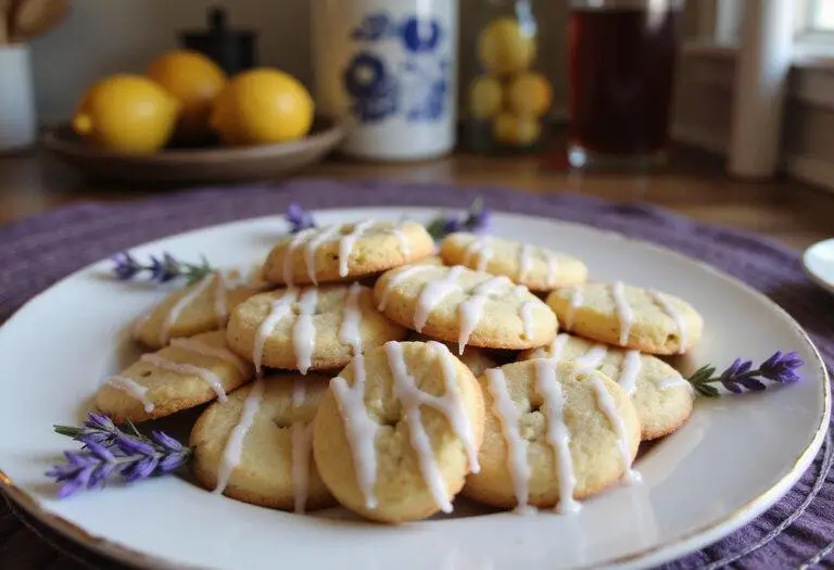 Delicious Ravenclaw Lemon Cookies with Lavender Glaze served on a decorative plate, highlighting the perfect finishing touch for a delightful treat.