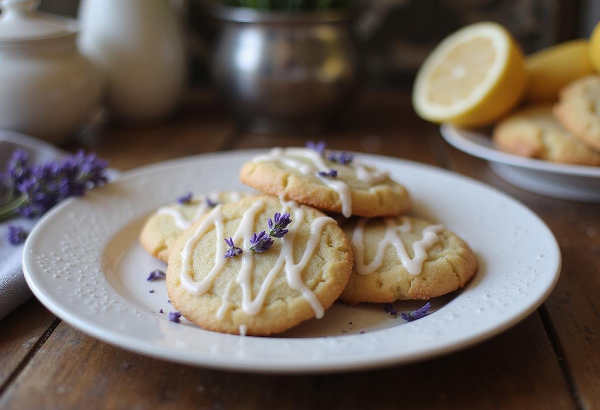 Delicious Ravenclaw Lemon Cookies with Lavender Glaze served on a decorative plate, highlighting the perfect finishing touch for a delightful treat.