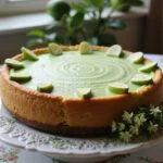 Finished Ravenclaw Lime Swirl Cheesecake, a stunning dessert garnished with lime slices, perfect for any celebration.