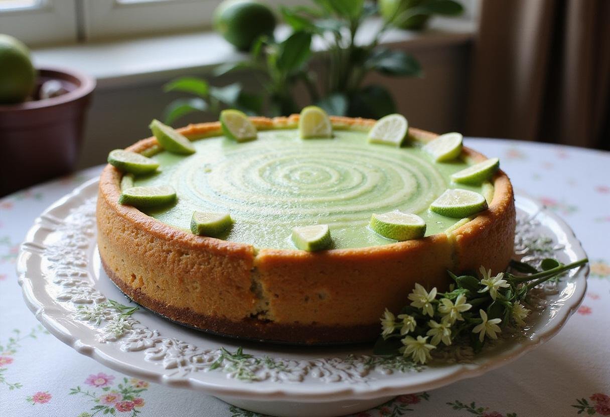 Finished Ravenclaw Lime Swirl Cheesecake, a stunning dessert garnished with lime slices, perfect for any celebration.