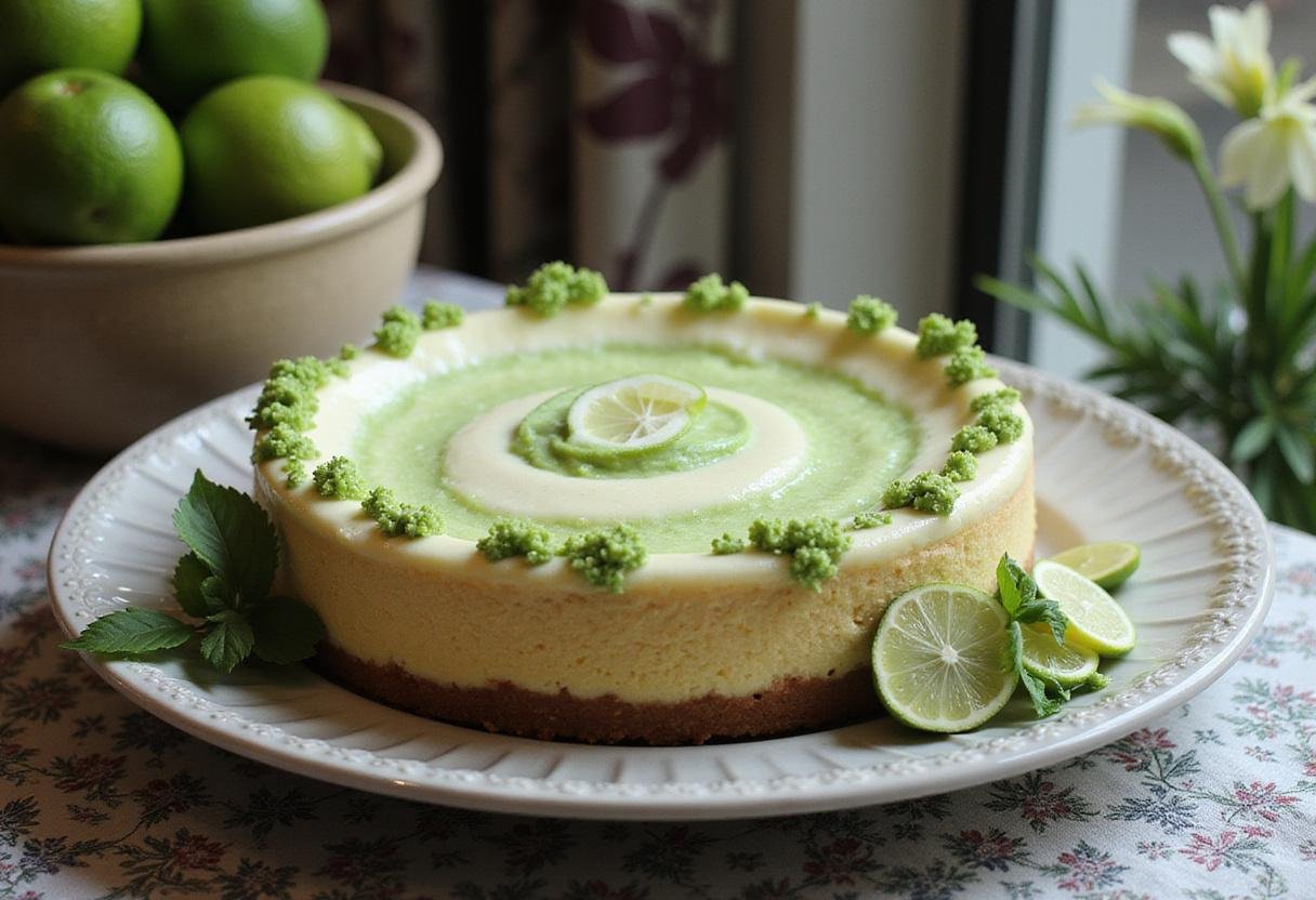 Finished Ravenclaw Lime Swirl Cheesecake, a stunning dessert garnished with lime slices, perfect for any celebration.