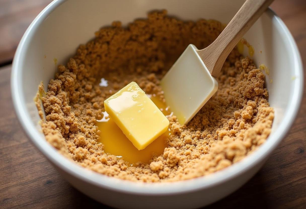 Crust preparation for Ravenclaw Lime Swirl Cheesecake with crushed graham crackers and melted butter in a mixing bowl.