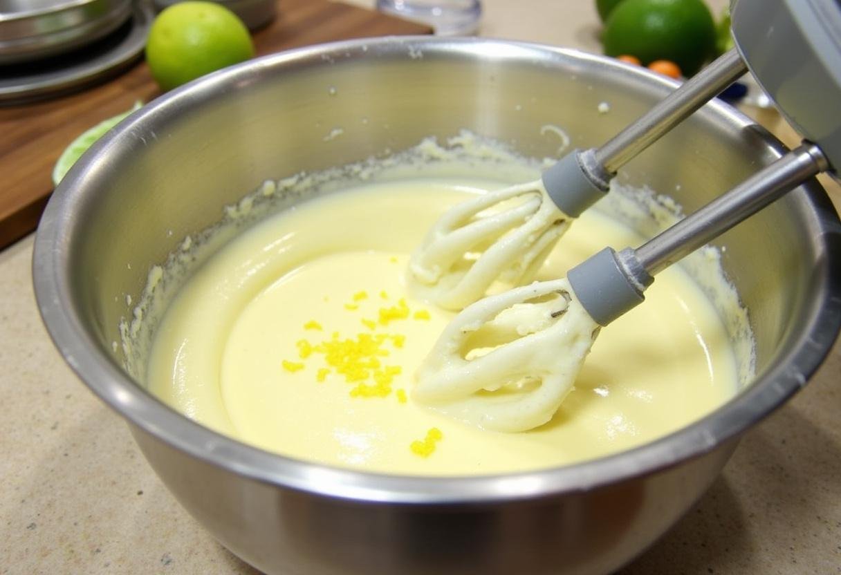 Cream cheese mixture being prepared for the Ravenclaw Lime Swirl Cheesecake, showcasing cream cheese, sugar, and fresh lime zest.