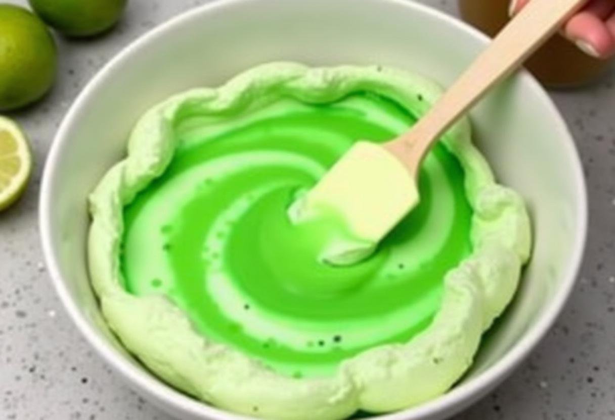Creating the lime swirl in Ravenclaw Lime Swirl Cheesecake, highlighting a mix of lime juice and color for a refreshing flavor.