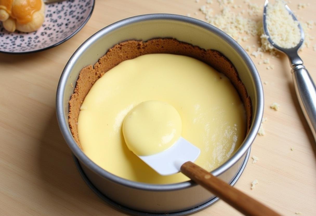 Finalizing the filling stage for Ravenclaw Lime Swirl Cheesecake, showcasing the mixture being poured into the crust.