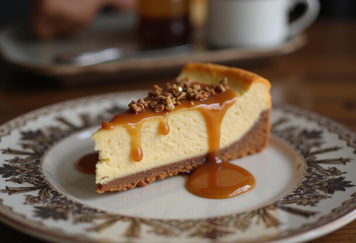 A stunning slice of Ravenclaw Starry Night Butterbeer Cheesecake, beautifully garnished, showcasing its enchanting flavors and presentation.