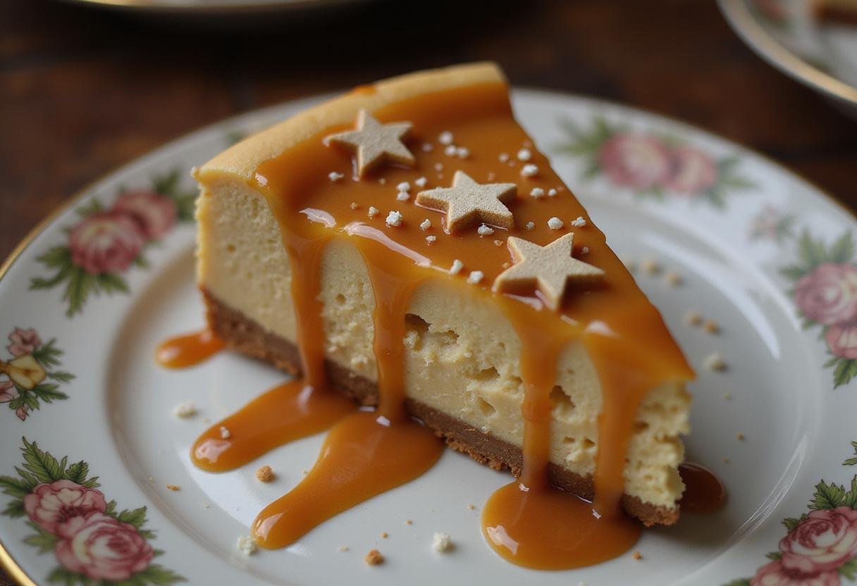 A stunning slice of Ravenclaw Starry Night Butterbeer Cheesecake, beautifully garnished, showcasing its enchanting flavors and presentation.