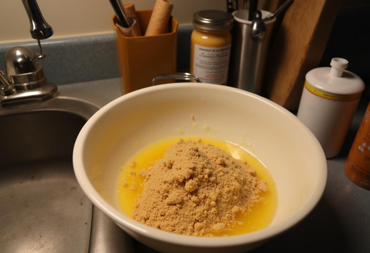 Delicious graham cracker crust preparation for Ravenclaw Starry Night Butterbeer Cheesecake, featuring melted butter and crumbs.