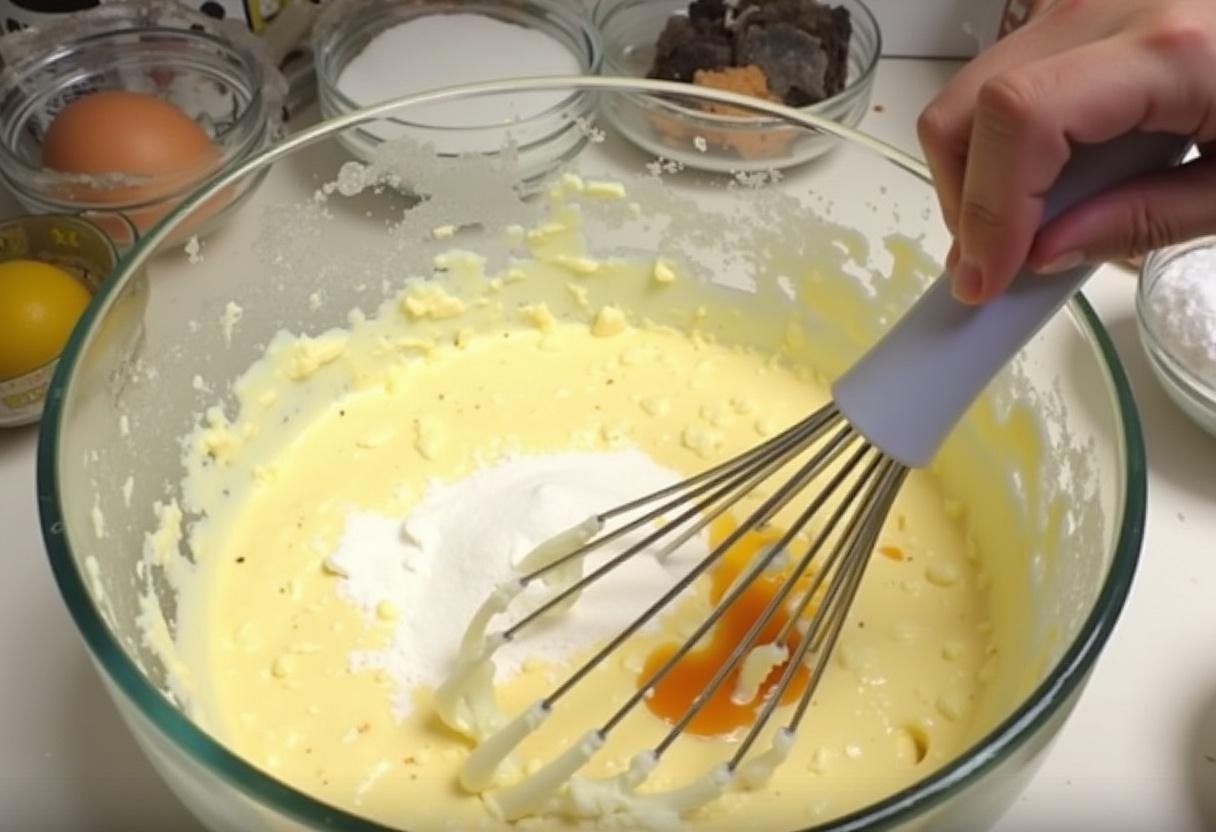 Mixing rich cream cheese filling for Ravenclaw Starry Night Butterbeer Cheesecake, combining sugar and vanilla for a smooth texture.