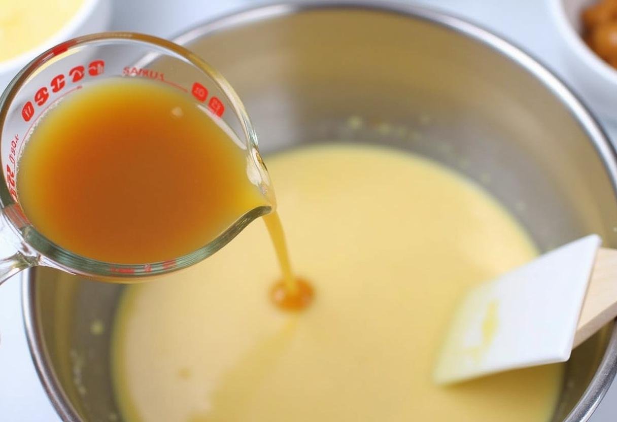 Adding butterscotch sauce to the cheesecake mixture for Ravenclaw Starry Night Butterbeer Cheesecake, enhancing its sweet flavor.