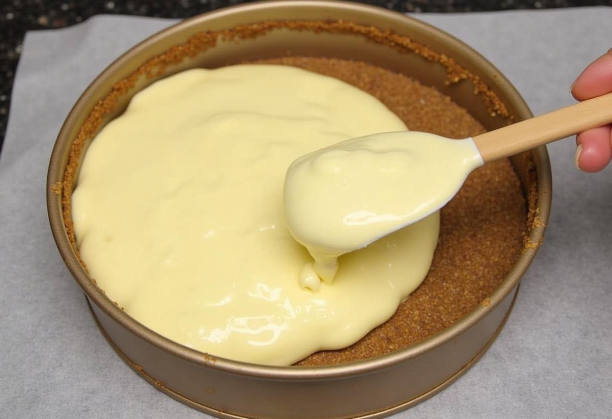 Pouring cheesecake batter into the crust for Ravenclaw Starry Night Butterbeer Cheesecake, getting ready for baking.