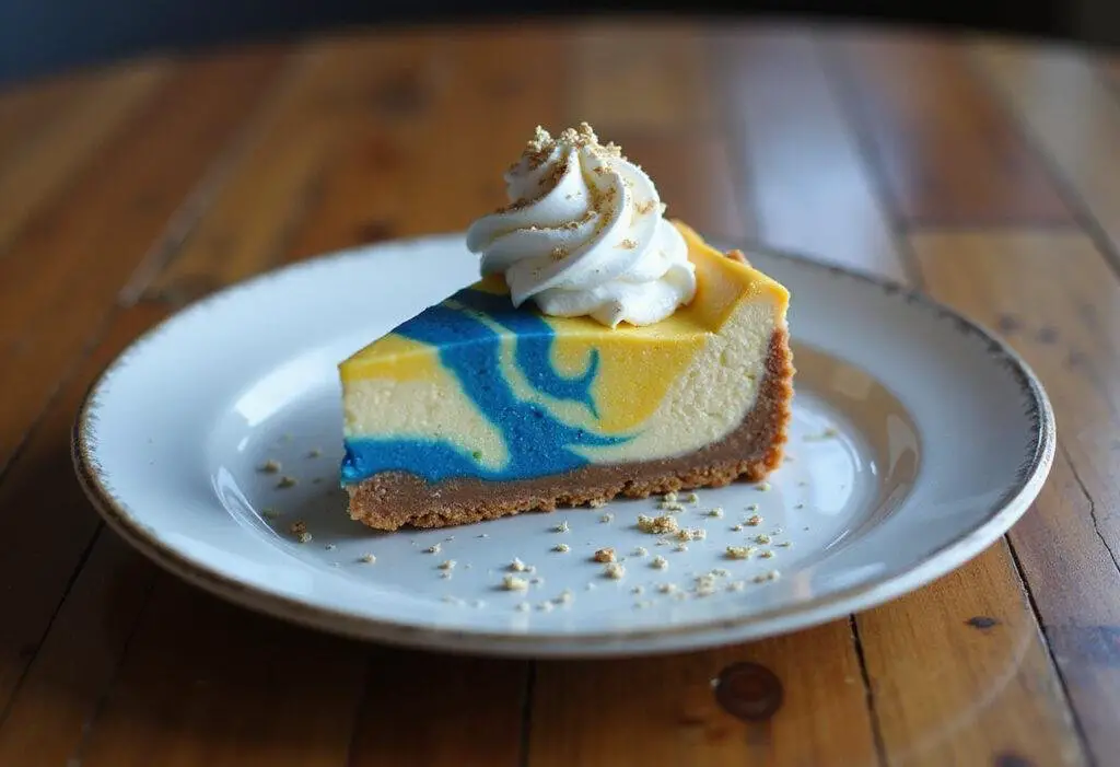 Final presentation of Ravenclaw Starry Night Butterbeer Cheesecake with Blue Velvet Swirl on a rustic table.