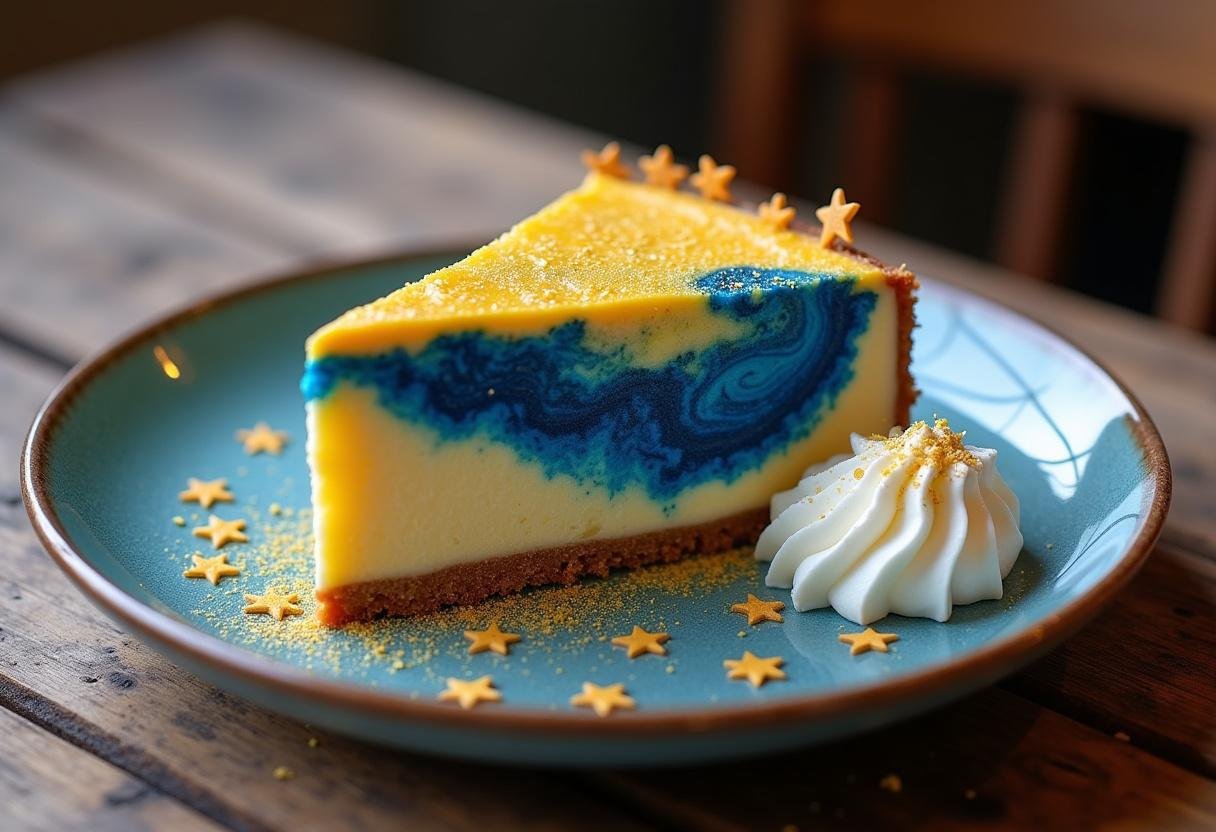 Final presentation of Ravenclaw Starry Night Butterbeer Cheesecake with Blue Velvet Swirl on a rustic table.