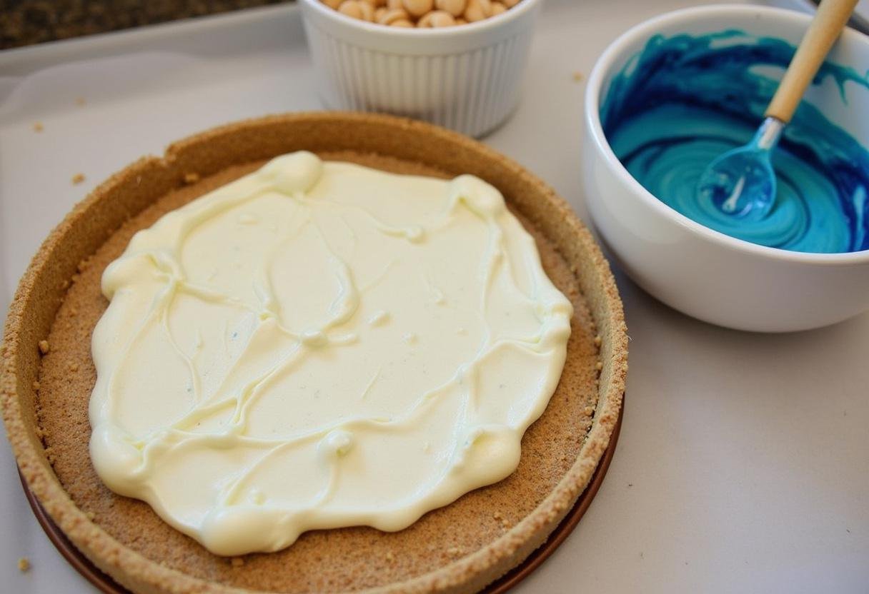Spreading cheesecake filling into a graham cracker crust for Ravenclaw Starry Night Butterbeer Cheesecake.