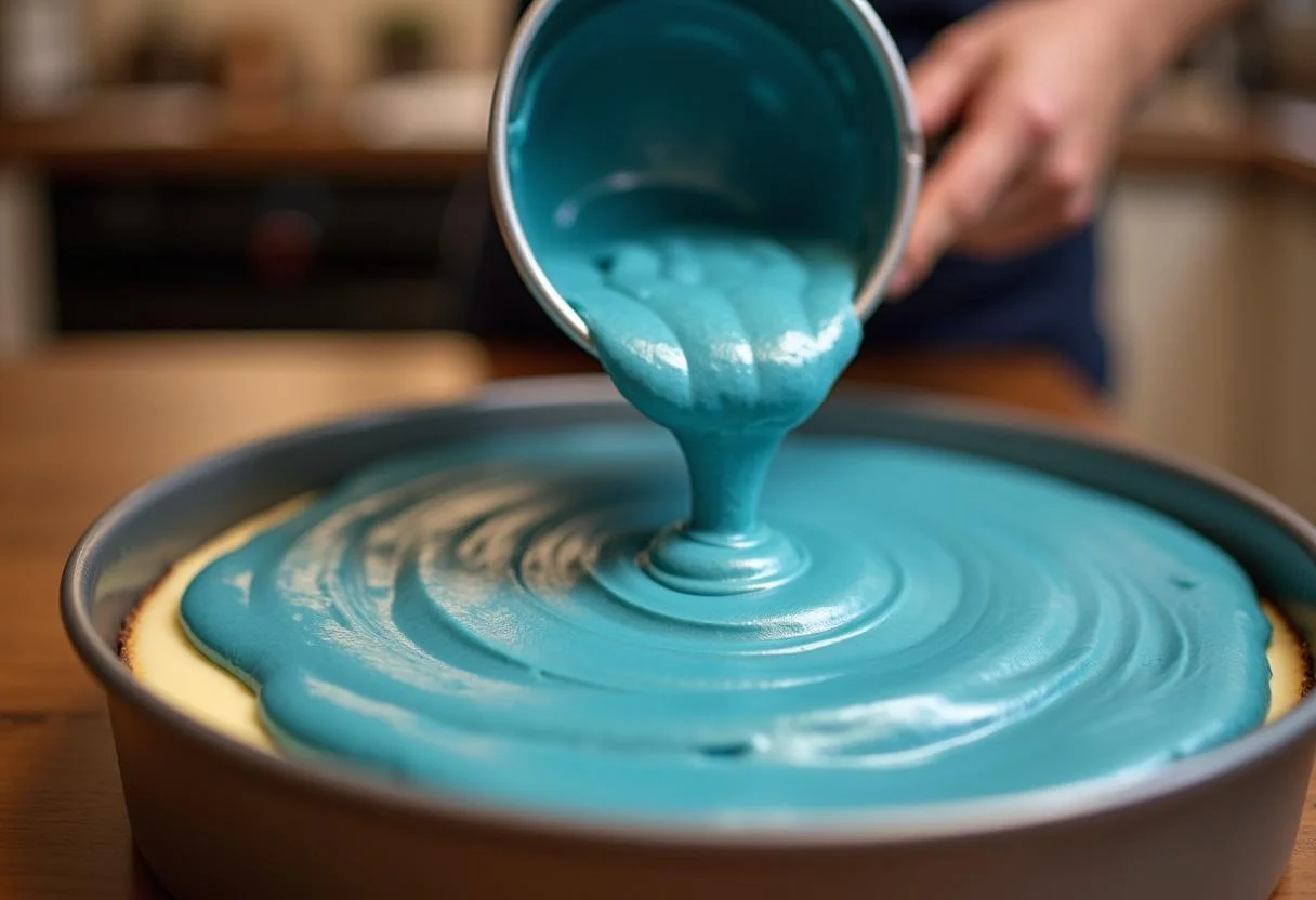 Adding blue velvet cake batter to the cheesecake for a swirl effect in Ravenclaw Starry Night Butterbeer Cheesecake.