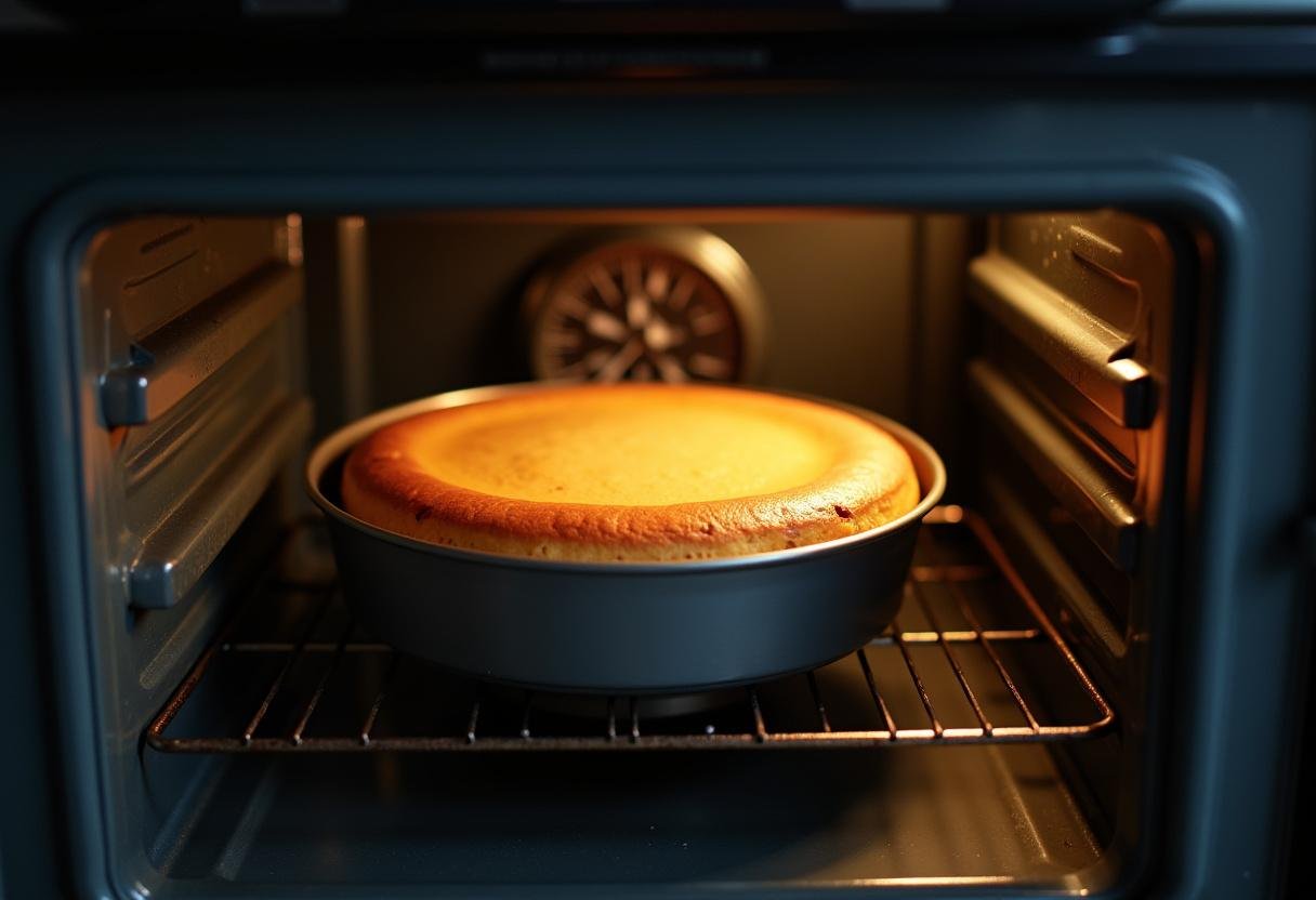 Baking the Ravenclaw Starry Night Butterbeer Cheesecake in the oven, showcasing the cooking process.