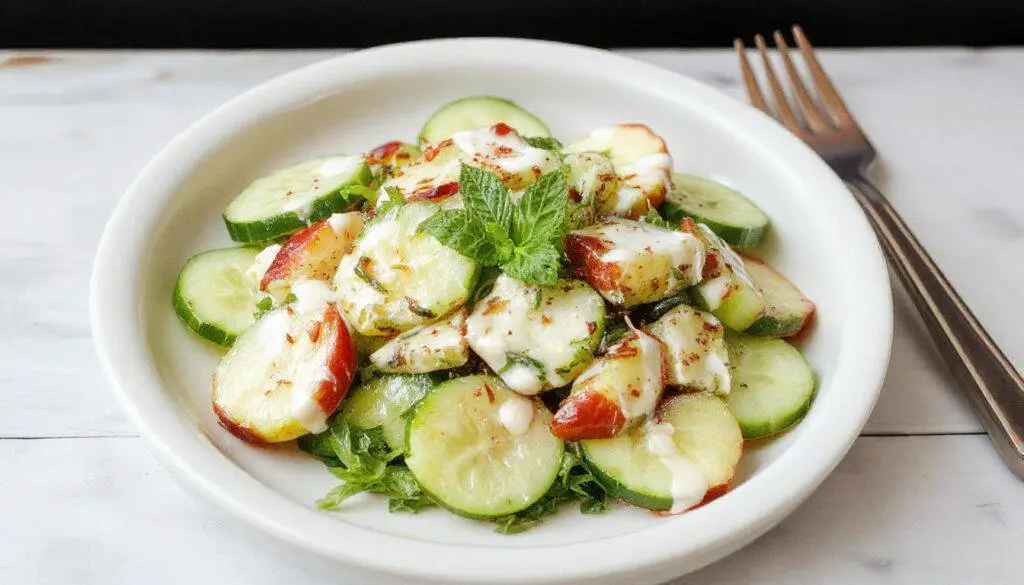 A vibrant bowl of apple cucumber salad featuring crisp green cucumber slices and juicy apple chunks, topped with a dollop of creamy mint yogurt dressing. The salad is garnished with fresh mint leaves and served on a white ceramic plate, highlighting bright green, white, and light red hues with a glossy texture on the dressing.