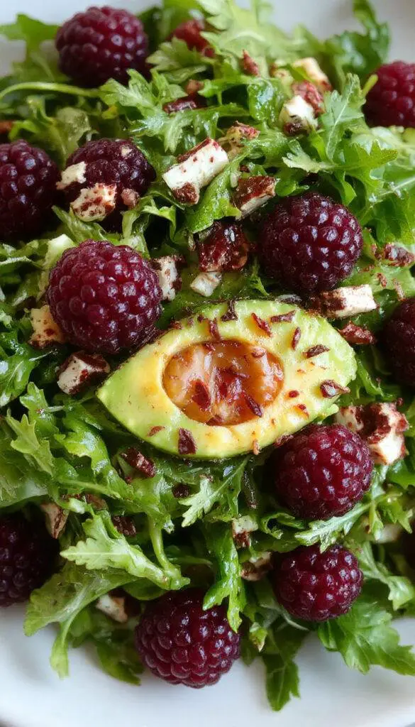 A vibrant plate of blackberry, avocado, and arugula salad garnished with fresh herbs and a light vinaigrette, perfect for summer.