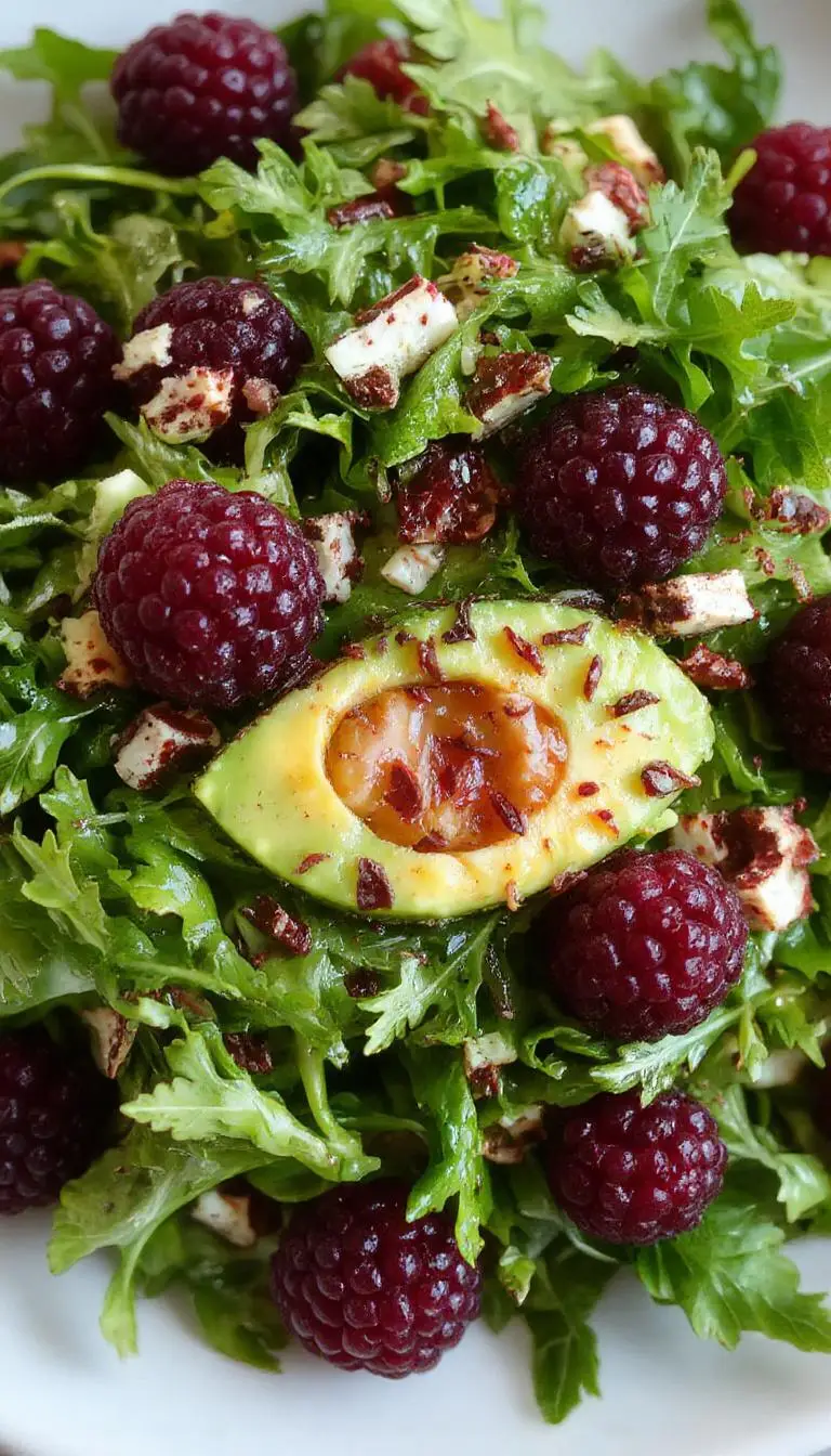 A vibrant plate of blackberry, avocado, and arugula salad garnished with fresh herbs and a light vinaigrette, perfect for summer.