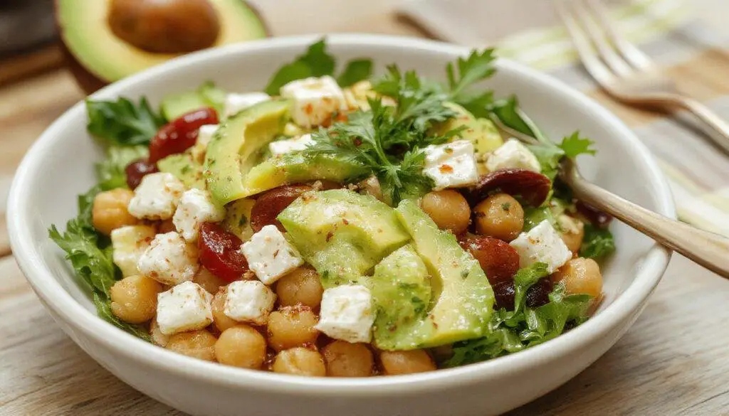 A vibrant bowl of Mediterranean salad featuring creamy avocado slices, crumbled white feta cheese, golden chickpeas, cherry tomatoes, and fresh parsley, all tossed in a light dressing. The colorful ingredients are arranged invitingly, highlighting the textures and freshness of each component.