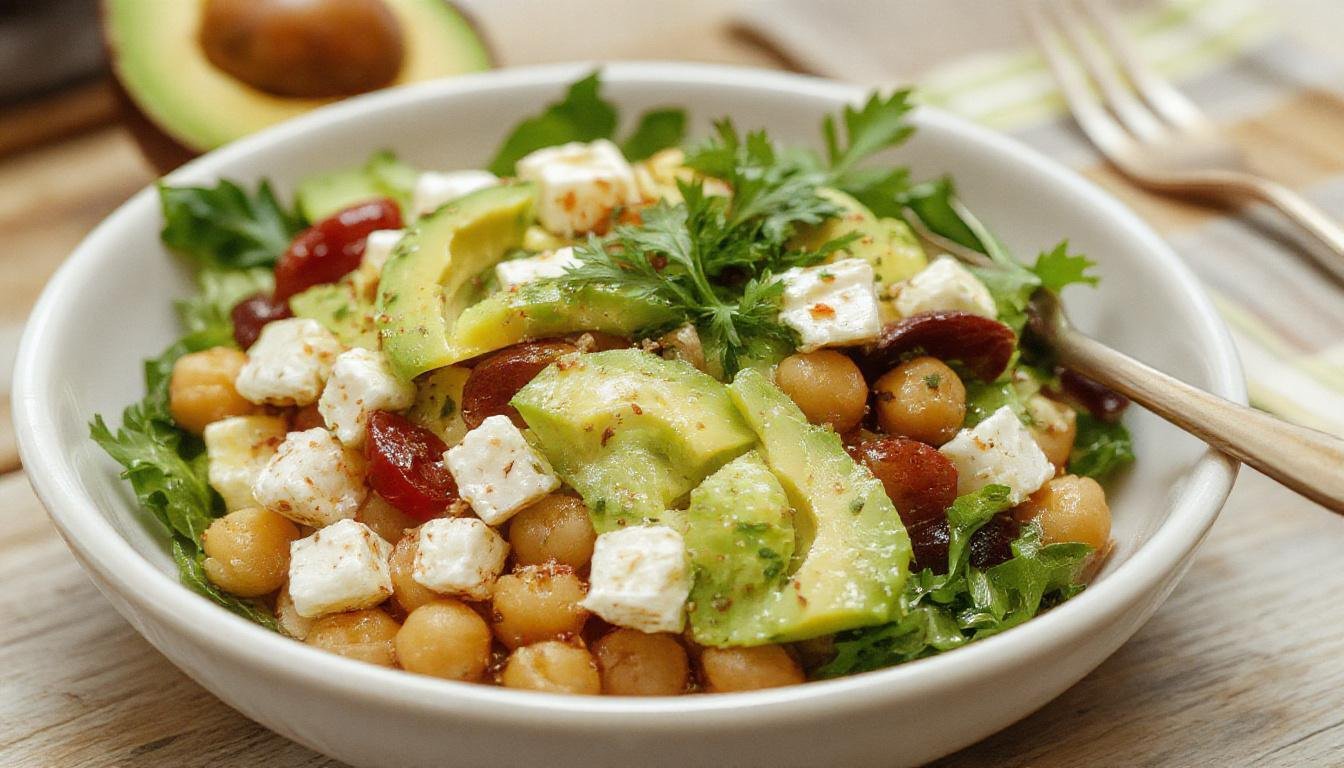 A vibrant bowl of Mediterranean salad featuring creamy avocado slices, crumbled white feta cheese, golden chickpeas, cherry tomatoes, and fresh parsley, all tossed in a light dressing. The colorful ingredients are arranged invitingly, highlighting the textures and freshness of each component.
