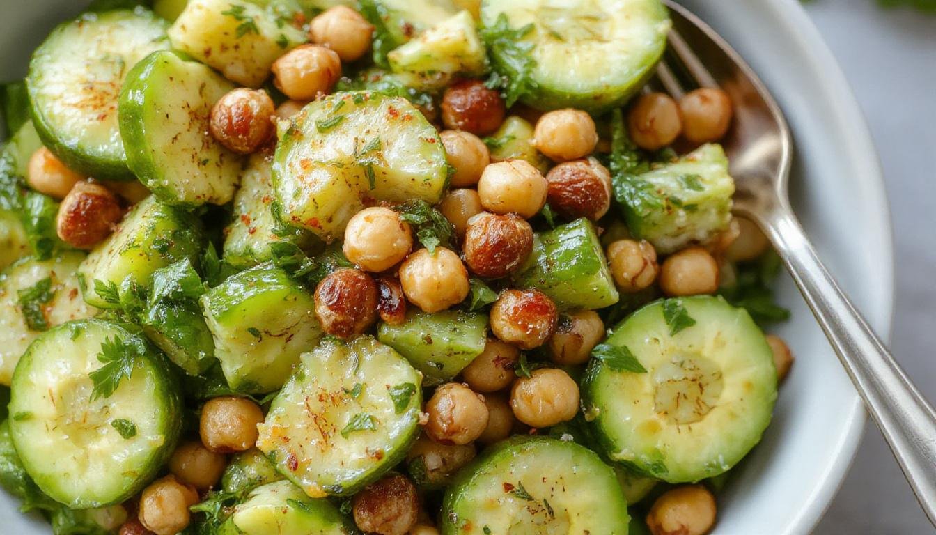 A vibrant cucumber salad featuring thinly sliced cucumbers, bright green cilantro leaves, and chunks of creamy avocado and hearty chickpeas, arranged on a white plate with lime wedges in the background, garnished with fresh herbs and a drizzle of dressing.