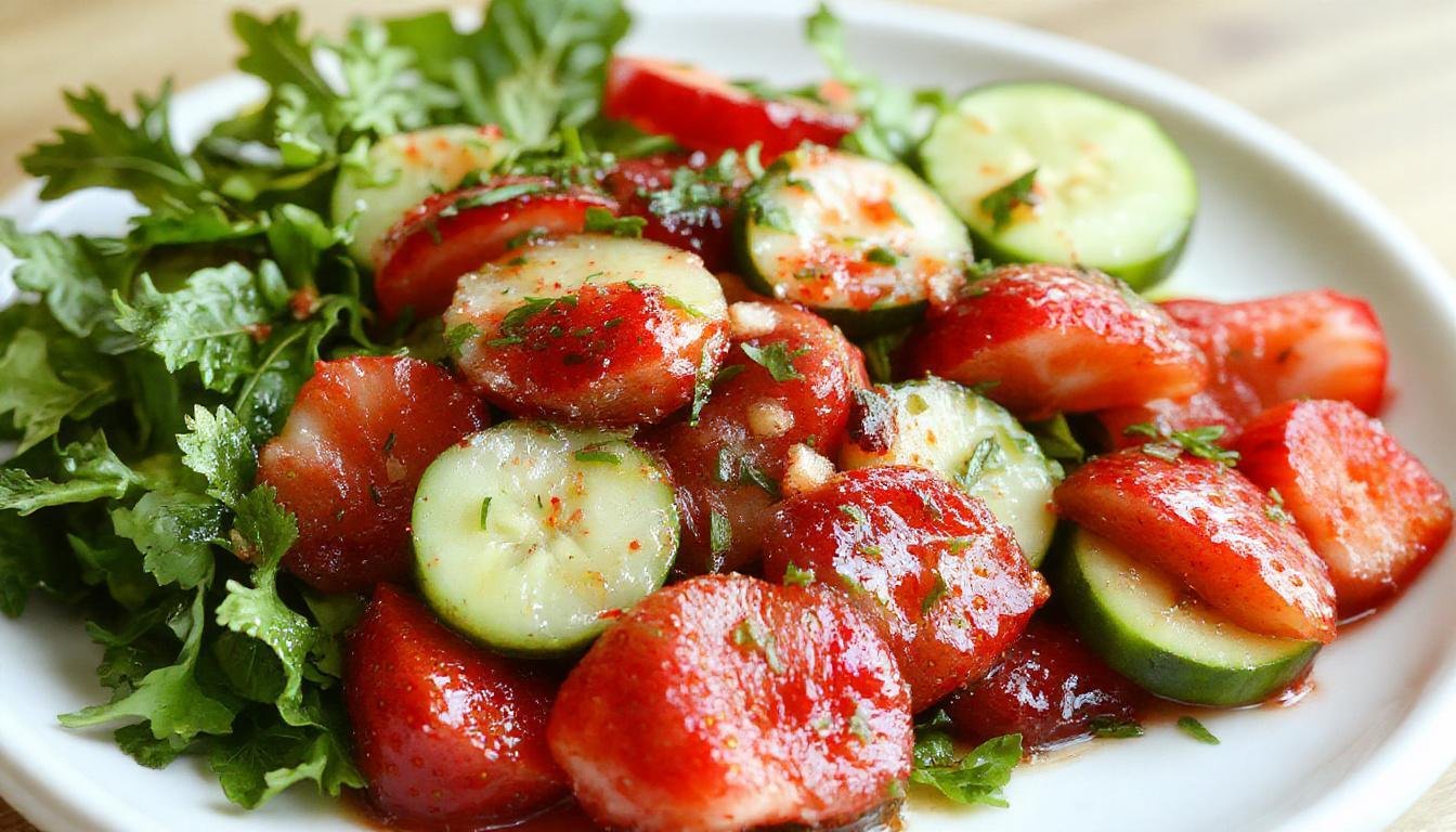 A vibrant salad featuring sliced cucumbers and fresh strawberries arranged on a white plate, drizzled with a bright green minty lime dressing, garnished with mint leaves, and showcasing a colorful, fresh, and juicy appearance.