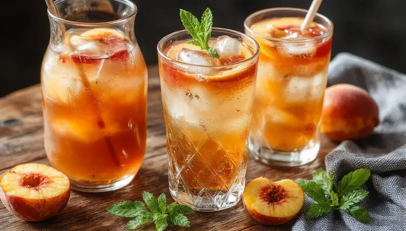 A tall, clear glass filled with golden-orange peach iced tea, garnished with fresh peach slices and a sprig of mint. The glass is condensation-coated, set against a light, summery background with scattered peach pieces and ice cubes visible inside.