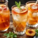 A tall, clear glass filled with golden-orange peach iced tea, garnished with fresh peach slices and a sprig of mint. The glass is condensation-coated, set against a light, summery background with scattered peach pieces and ice cubes visible inside.