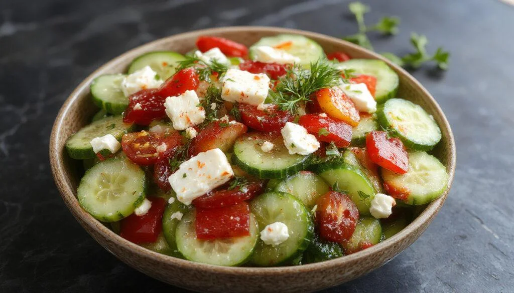 A vibrant bowl of Greek cucumber salad featuring crisp cucumber slices, juicy red tomatoes, crumbled white feta cheese, and fresh herbs, all arranged in a white ceramic bowl with a rustic wooden background, highlighting the fresh ingredients and colorful presentation.