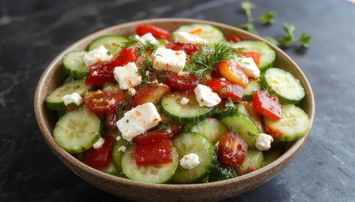 A vibrant bowl of Greek cucumber salad featuring crisp cucumber slices, juicy red tomatoes, crumbled white feta cheese, and fresh herbs, all arranged in a white ceramic bowl with a rustic wooden background, highlighting the fresh ingredients and colorful presentation.