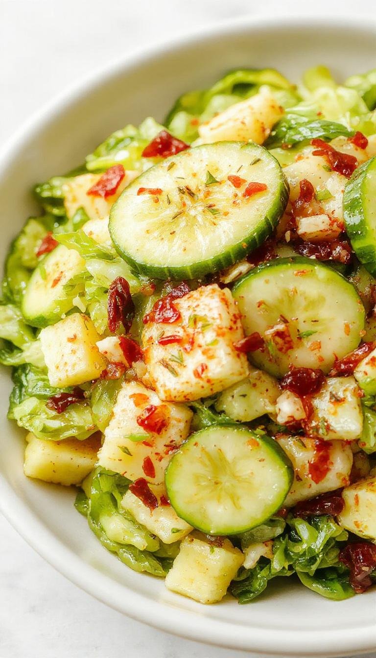 A vibrant plate of green cabbage and cucumber salad garnished with fresh herbs, showcasing crisp textures and bright colors