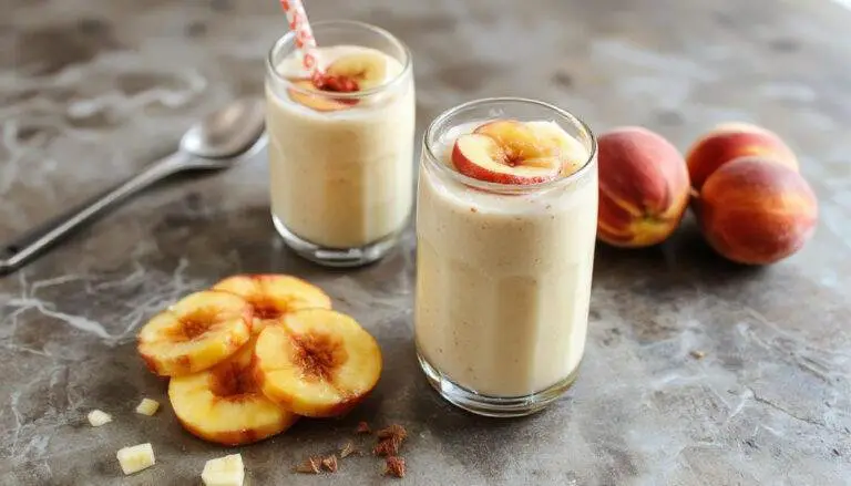 A tall glass filled with a vibrant peach-colored smoothie topped with sliced banana and a sprig of mint. The smoothie has a creamy, thick texture with visible hints of peach and banana chunks. The glass is placed on a rustic wooden table with fresh peach slices and banana pieces scattered around, evoking a fresh, healthy, and inviting presentation.
