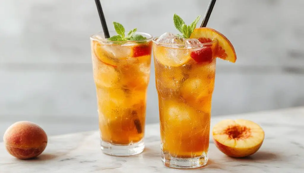 A tall, clear glass filled with golden peach iced tea, garnished with slices of fresh peach and a sprig of mint, condensation on the outside of the glass, with ice cubes visible inside. The background features a bright, summery setting with soft sunlight highlighting the drink's vibrant color.