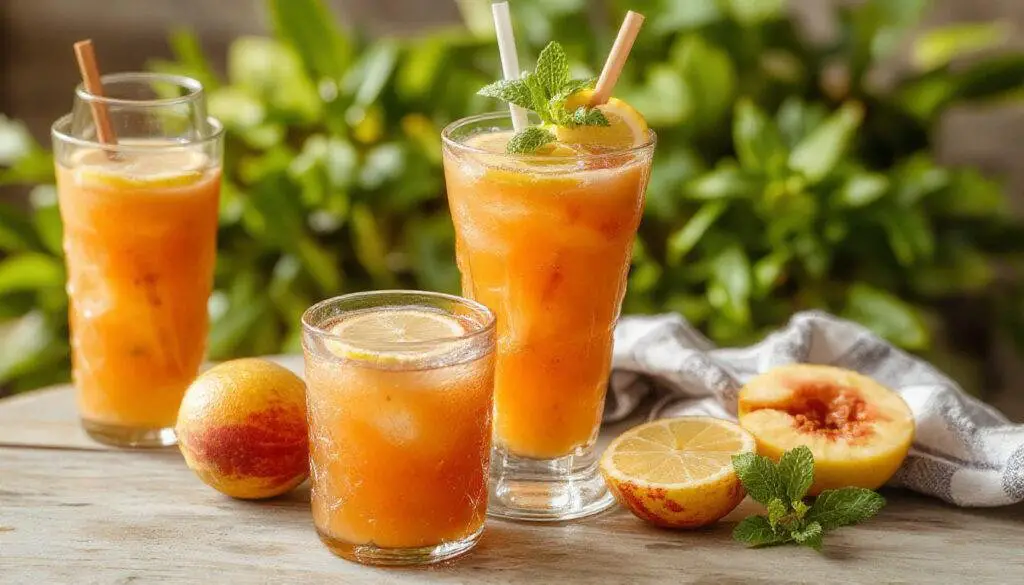 A tall clear glass filled with vibrant yellow peach lemonade garnished with fresh peach slices and a sprig of mint, condensation on the glass indicating coldness, set against a bright summer background with lemons and peaches nearby.