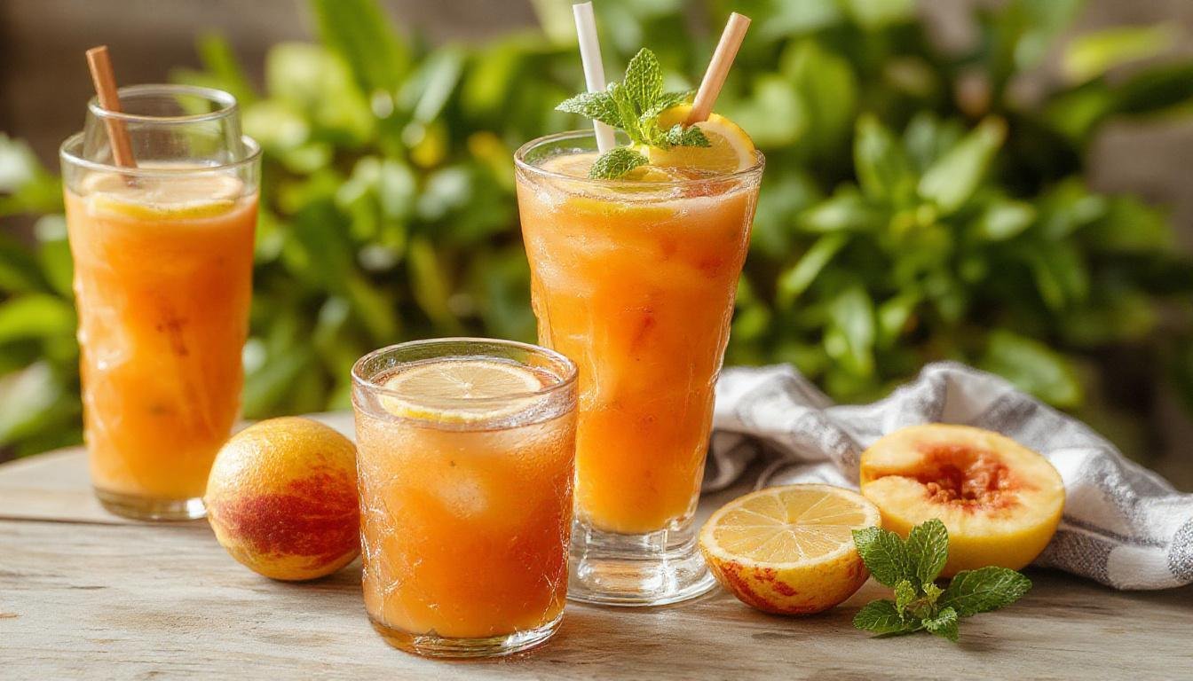 A tall clear glass filled with vibrant yellow peach lemonade garnished with fresh peach slices and a sprig of mint, condensation on the glass indicating coldness, set against a bright summer background with lemons and peaches nearby.