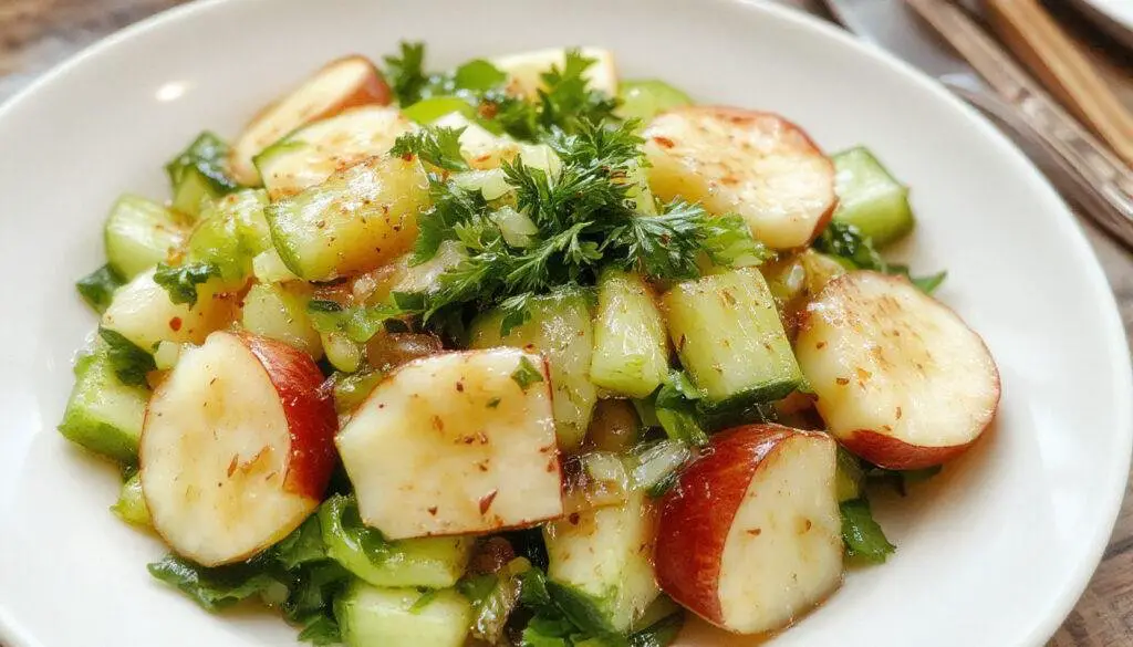 A vibrant bowl showcasing thinly sliced cucumbers and celery stalks interwoven with crisp apple pieces, garnished with fresh herbs, all arranged on a white plate with a light dressing visible at the edges.
