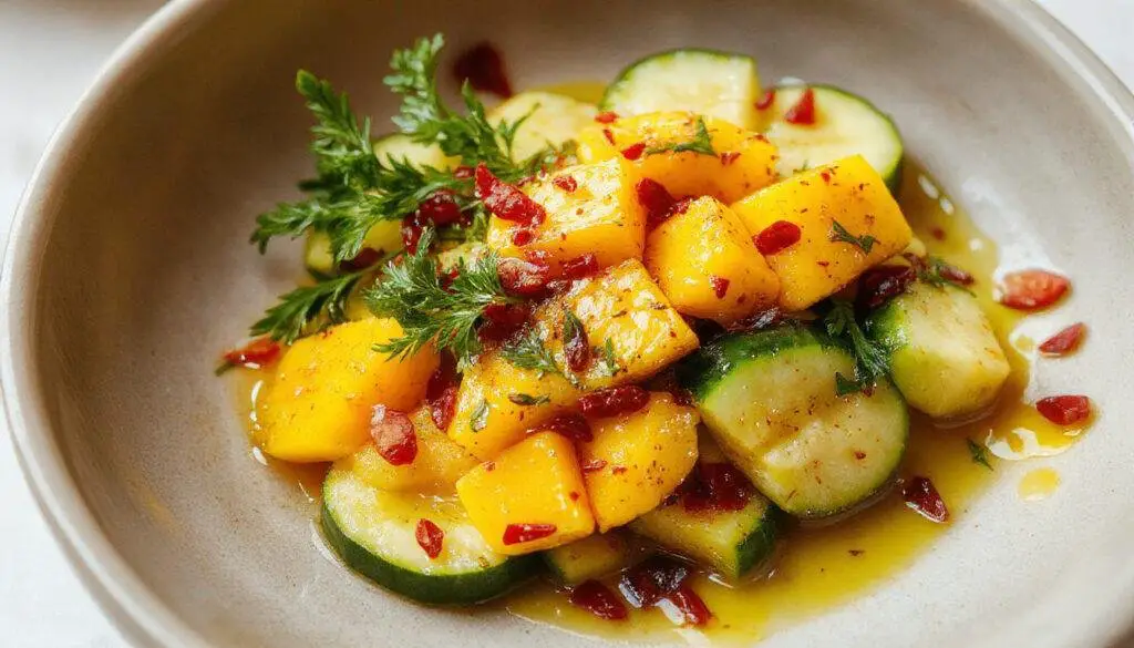 A vibrant bowl of mango cucumber salad featuring bright orange mango chunks, crisp green cucumber slices, garnished with fresh mint leaves, and drizzled with a zesty lime dressing. The salad is artfully arranged in a white ceramic bowl on a wooden table, with lime wedges and a sprig of mint in the background, showcasing a fresh, colorful, and appetizing presentation.