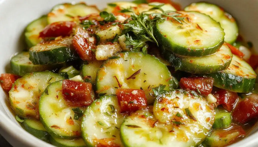 A vibrant bowl of salad featuring sliced cucumbers, ripe tomatoes, and thinly sliced onions, all coated in a light marinade. The colorful ingredients are arranged artistically, with the green of cucumbers contrasting against the red tomatoes and white onions, garnished with fresh herbs. The salad is presented on a rustic wooden table, emitting a fresh and inviting atmosphere.